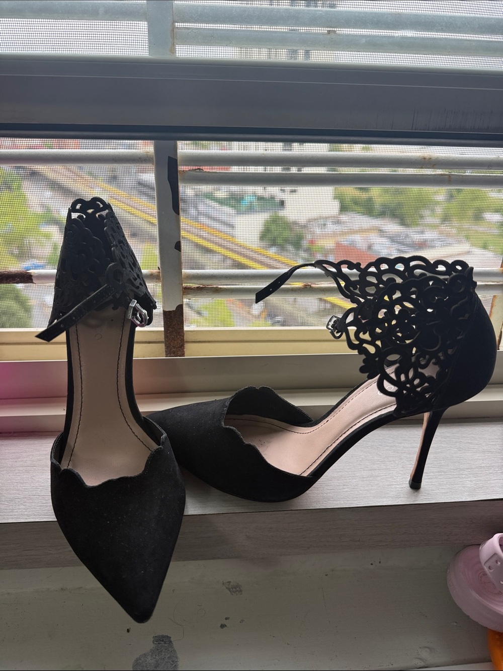Black Laser-Cut Ankle Strap Pointed Stiletto Heels